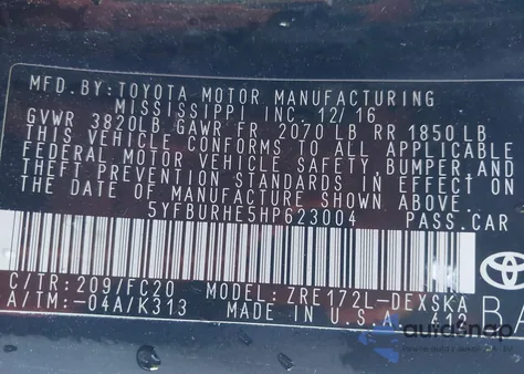 2017 Toyota Corolla Se из США, поврежденный, VIN 5YFBURHE5HP623004